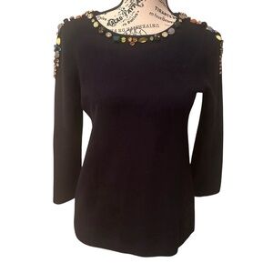 J Crew Jeweled Sweater Navy Blue MultiColor Beads Acrylic Wool XS